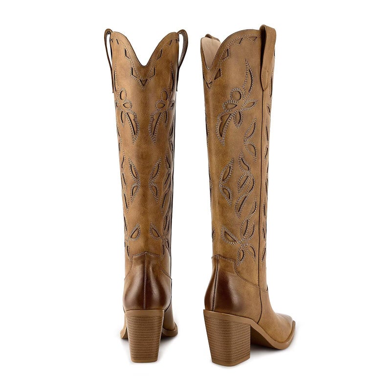 ISNOM Brown Knee High Cowboy Boots for Women With High Heeled Chunky Pointed Toe Western Cowgirl Tall Womens Cowboy Boots Long Country Western Cowgirl Boot for Music Festival Themed Party Size 9 - Image 3