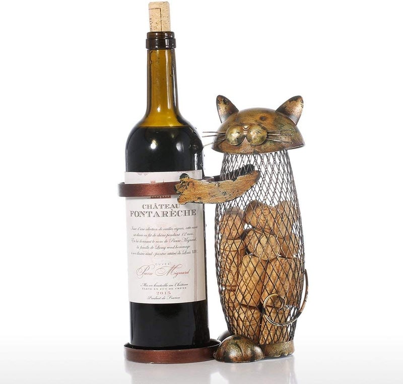 Tooarts Cat Wine Bottle Holder Decorative Metal Wine Barrel Cork Holder Storage Organizer Table Cork Container Ornament Christmas Birthday Gifts for Cat Lovers
