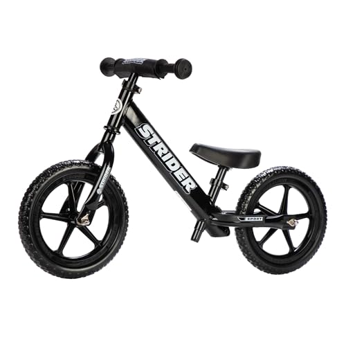 Strider 12 Sport Bike Black No Pedal Balance Bicycle for Kids 1 to 4 Years Includes Safety Pad Padded Seat Mini Grips FlatFree Tires ToolFree Assembly Adjustments - Image 1