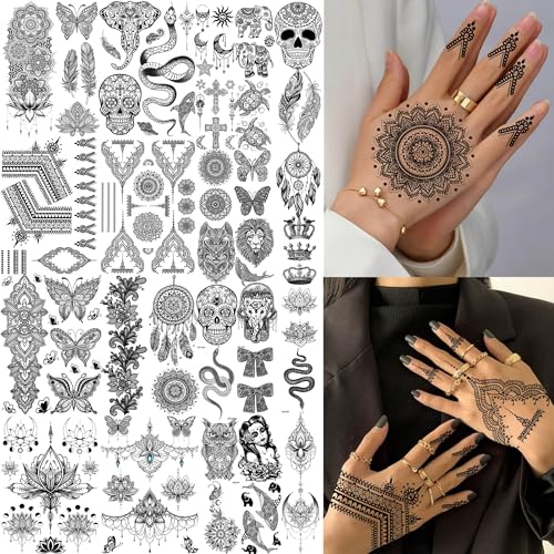 Bilizar 32 Sheets 89+ PCS Black Lotus Temporary Tattoos For Women Hands Adults Underboob, Tribal Indian Elephant Skull Snake Fake Tattoos, Bulk Bohemia Butterfly Tattoo Kit Sets Mandala Flower Moon - Image 1
