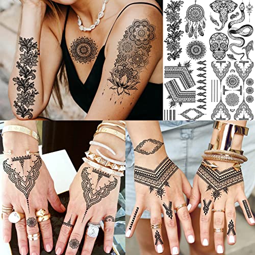 Bilizar 32 Sheets 89+ PCS Black Lotus Temporary Tattoos For Women Hands Adults Underboob, Tribal Indian Elephant Skull Snake Fake Tattoos, Bulk Bohemia Butterfly Tattoo Kit Sets Mandala Flower Moon - Image 2