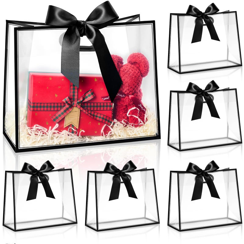 Ohuimrt 12 Pack Clear Plastic Gift Bags with Handles, Reusable Party Favor Bags with Ribbon for Wedding, Bachelorette Party, 12 x 10 x 5 Inch (Black) - Image 1
