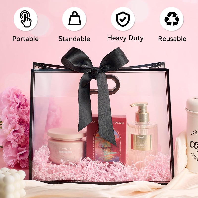 Ohuimrt 12 Pack Clear Plastic Gift Bags with Handles, Reusable Party Favor Bags with Ribbon for Wedding, Bachelorette Party, 12 x 10 x 5 Inch (Black) - Image 4