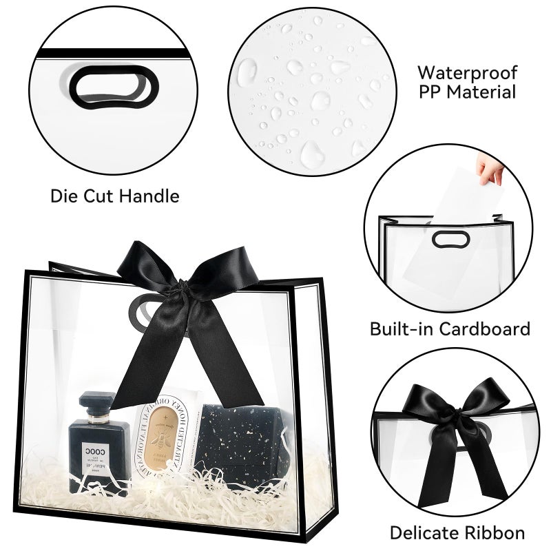 Ohuimrt 12 Pack Clear Plastic Gift Bags with Handles, Reusable Party Favor Bags with Ribbon for Wedding, Bachelorette Party, 12 x 10 x 5 Inch (Black) - Image 3