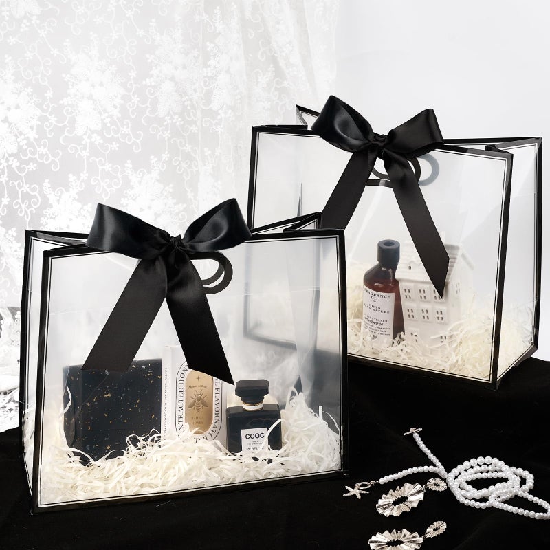 Ohuimrt 12 Pack Clear Plastic Gift Bags with Handles, Reusable Party Favor Bags with Ribbon for Wedding, Bachelorette Party, 12 x 10 x 5 Inch (Black) - Image 5
