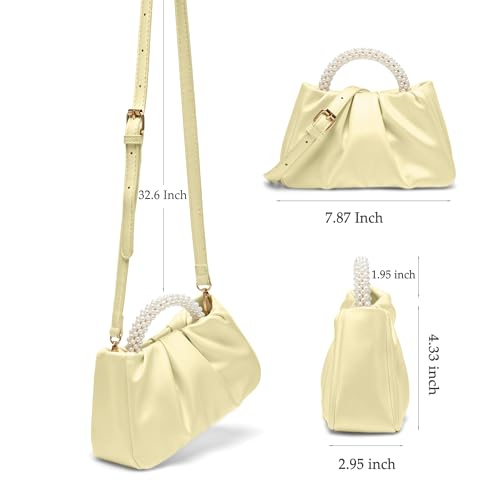 Beatfull Evening Purse Women Small Pearl Handbags Soft Leather Ruched Bag Wedding Bridal Clutch Party Prom Crossbody Purses Creamy Yellow - Image 4