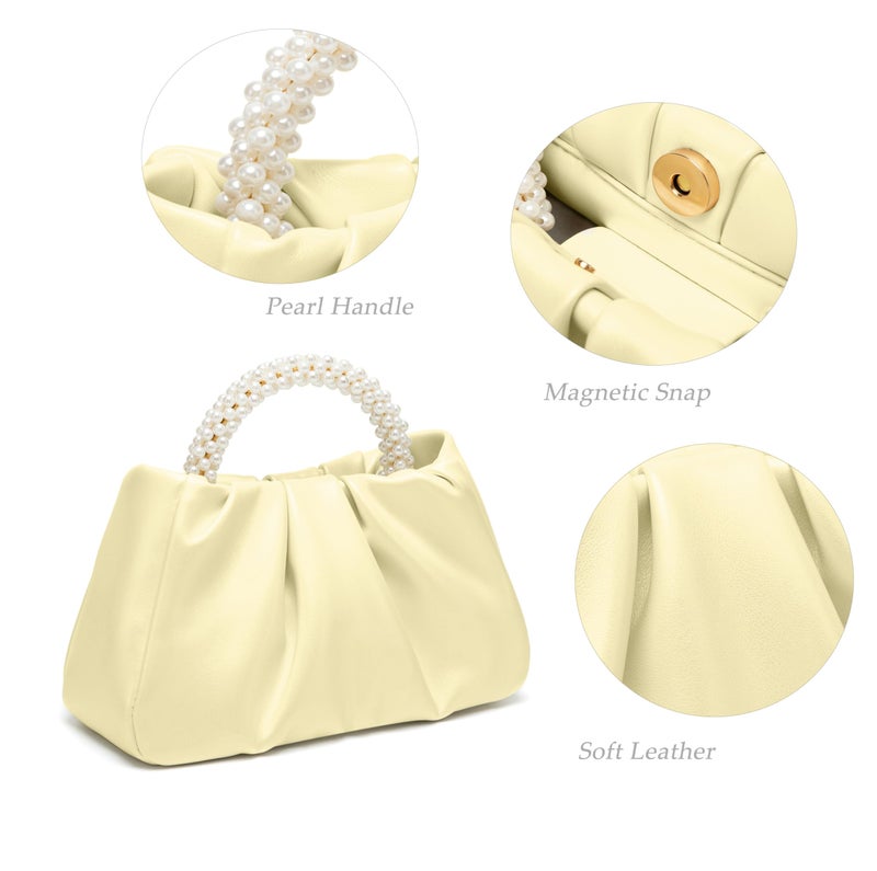 Beatfull Evening Purse Women Small Pearl Handbags Soft Leather Ruched Bag Wedding Bridal Clutch Party Prom Crossbody Purses Creamy Yellow - Image 3