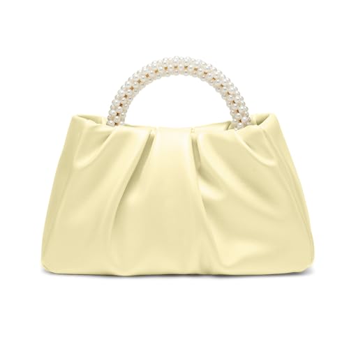 Beatfull Evening Purse Women Small Pearl Handbags Soft Leather Ruched Bag Wedding Bridal Clutch Party Prom Crossbody Purses Creamy Yellow - Image 1