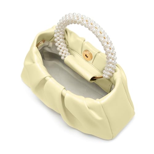 Beatfull Evening Purse Women Small Pearl Handbags Soft Leather Ruched Bag Wedding Bridal Clutch Party Prom Crossbody Purses Creamy Yellow - Image 5