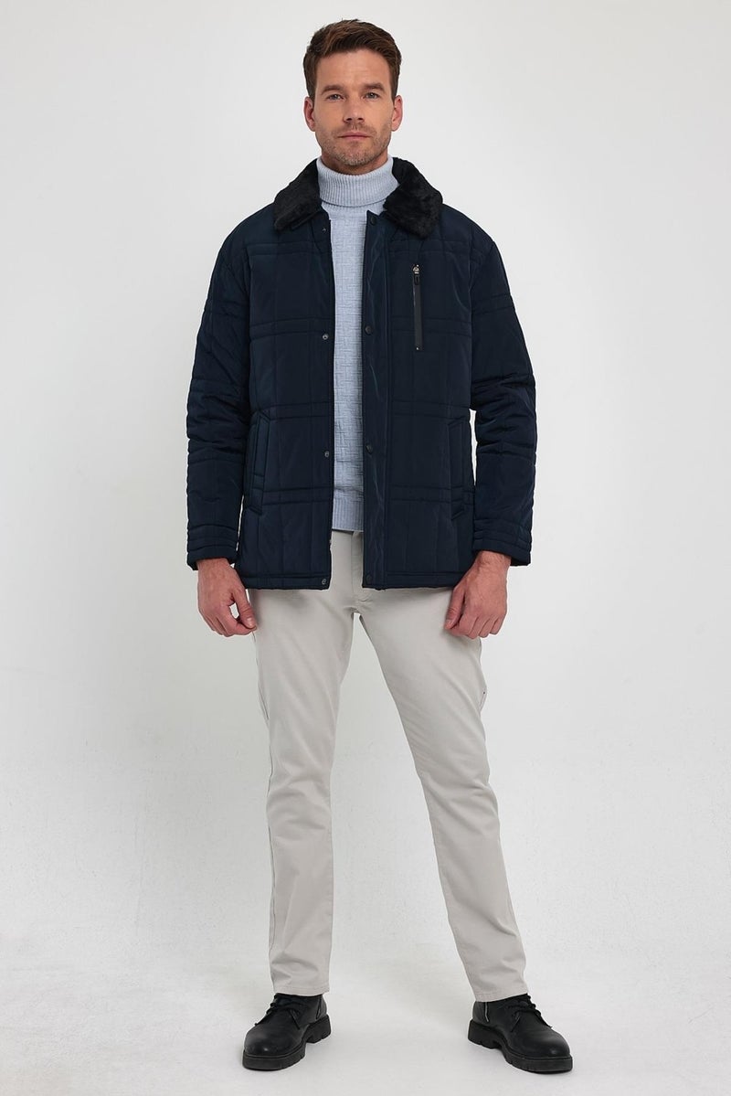 Sivaist Men's Navy Blue Standard Fit Normal Cut Furry Detachable Collar Snap Detail Zippered Furry Winter Coat  - Image 2