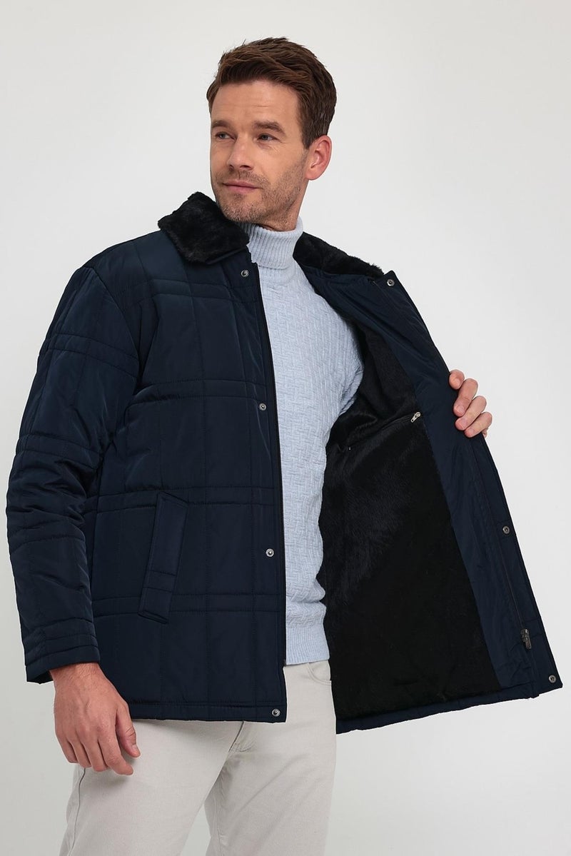 Sivaist Men's Navy Blue Standard Fit Normal Cut Furry Detachable Collar Snap Detail Zippered Furry Winter Coat  - Image 3