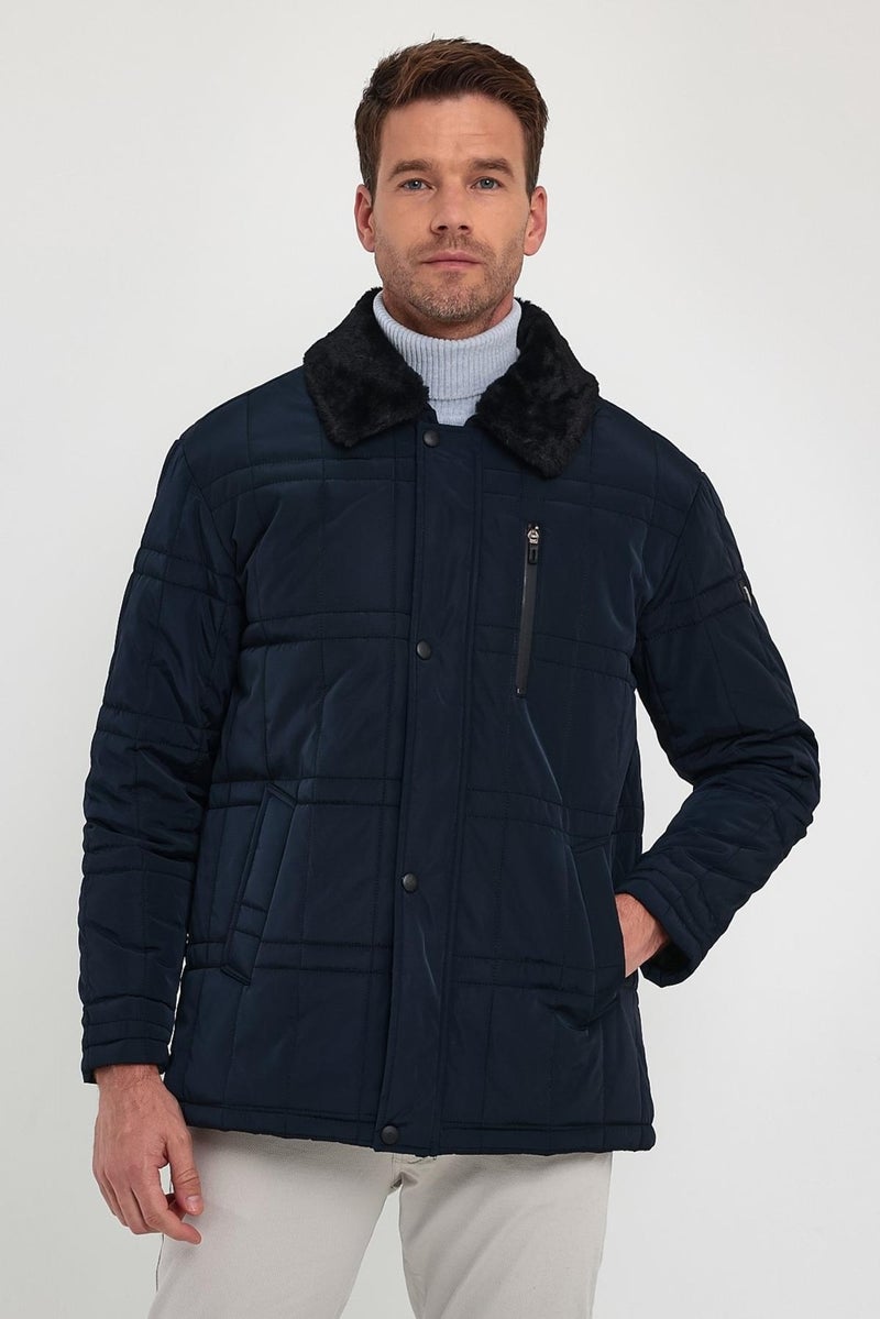 Sivaist Men's Navy Blue Standard Fit Normal Cut Furry Detachable Collar Snap Detail Zippered Furry Winter Coat  - Image 1