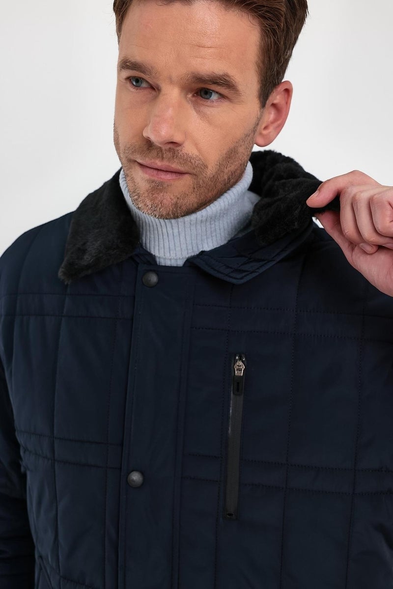 Sivaist Men's Navy Blue Standard Fit Normal Cut Furry Detachable Collar Snap Detail Zippered Furry Winter Coat  - Image 4