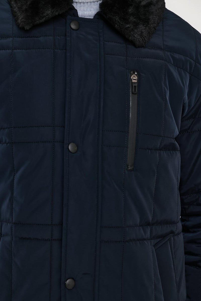 Sivaist Men's Navy Blue Standard Fit Normal Cut Furry Detachable Collar Snap Detail Zippered Furry Winter Coat  - Image 5
