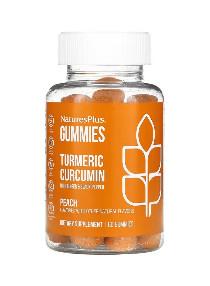 Natures Plus Turmeric Curcumin Gummies with Ginger and Black Pepper Peach Flavor, Support the Heart and Promote Digestion, Gummies Support Joints, Immunity and Inflammation Due to Excessive Stress, Suitable for Vegetarians Gluten Free No Artificial Colors 60 Gummies - Image 1