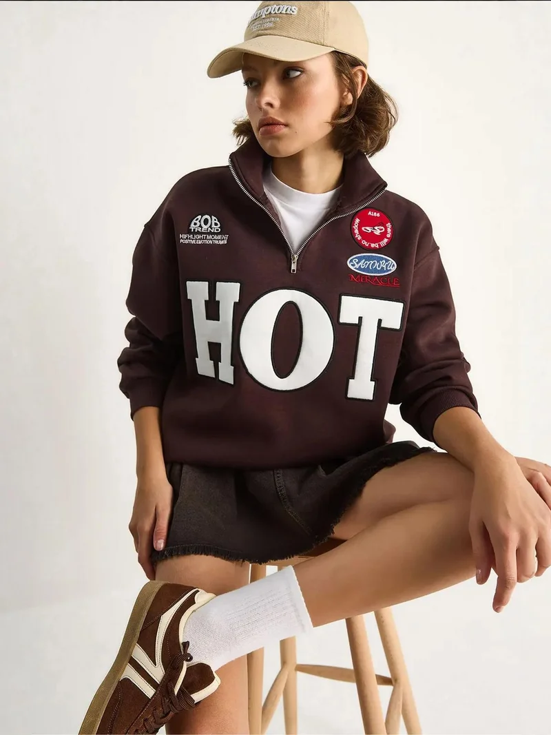 Bianco Lucci LUCCI Oversized Half-Zip Text Print Sweatshirt