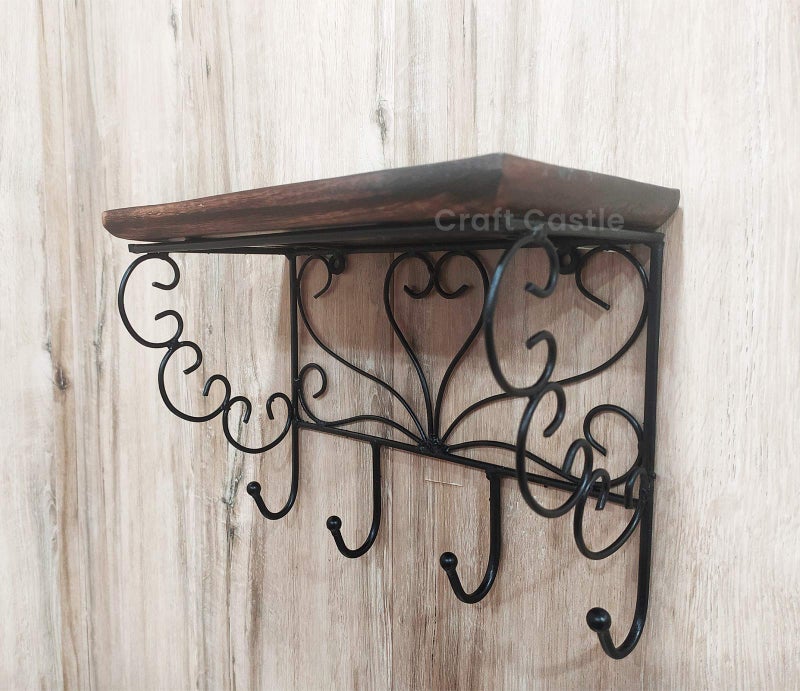CRAFTCASTLE Wooden & Wrought Iron Wall Bracket | Book Rack | Cloth Hanger | Wall Decorative (9 x 7 x 4) inches - Image 5