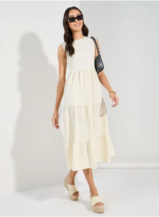 Styli Self Design Sleeveless Tiered Midi Dress