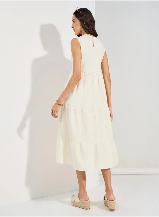 Styli Self Design Sleeveless Tiered Midi Dress