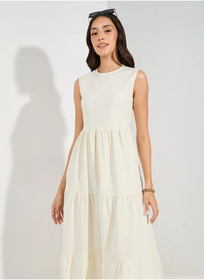 Styli Self Design Sleeveless Tiered Midi Dress