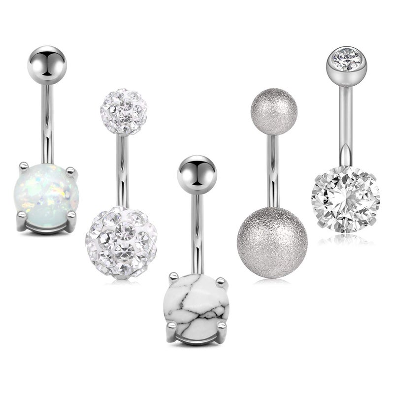 JFORYOU 5 Pcs Belly Button Rings Stainless Steel for Women Navel Rings 5 Style 14G Navel piercing Body Silver Color Piercing Jewelry