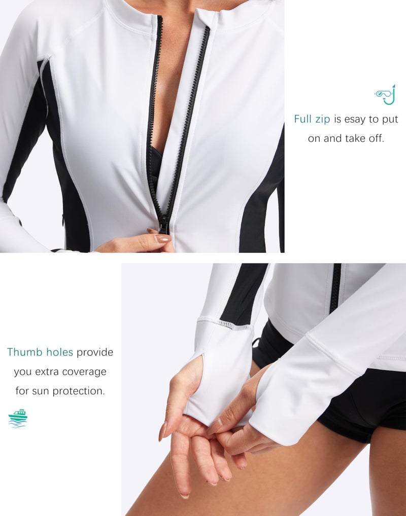SANTINY Women's Rash Guard Zipper Pockets UPF50+ Sun Protection Long Sleeve Swimsuit Top Zip Front Swim Shirt for Women (White_XXL) - Image 5