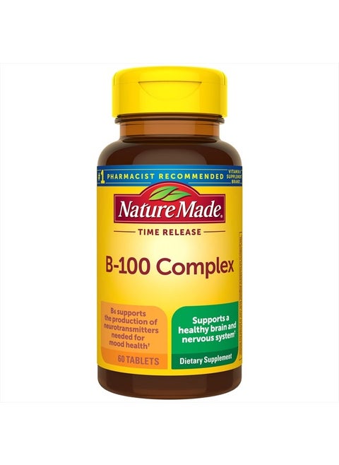 Time Release Vitamin B-100 High Potency B Complex, Dietary Supplement for Nervous System Function Support, 60 Time Release Tablets, 60 Day Supply