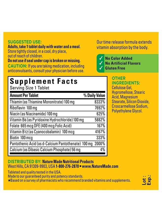 Time Release Vitamin B-100 High Potency B Complex, Dietary Supplement for Nervous System Function Support, 60 Time Release Tablets, 60 Day Supply