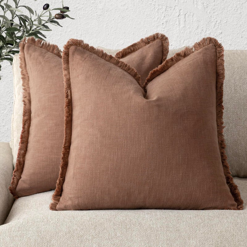 Foindtower Set of 2 Decorative Linen Fringe Throw Pillow Covers Cozy Boho Farmhouse Cushion Cover with Tassels Soft Accent Pillowcase for Couch Chair Sofa Bed Living Home Decor1818 InchRust