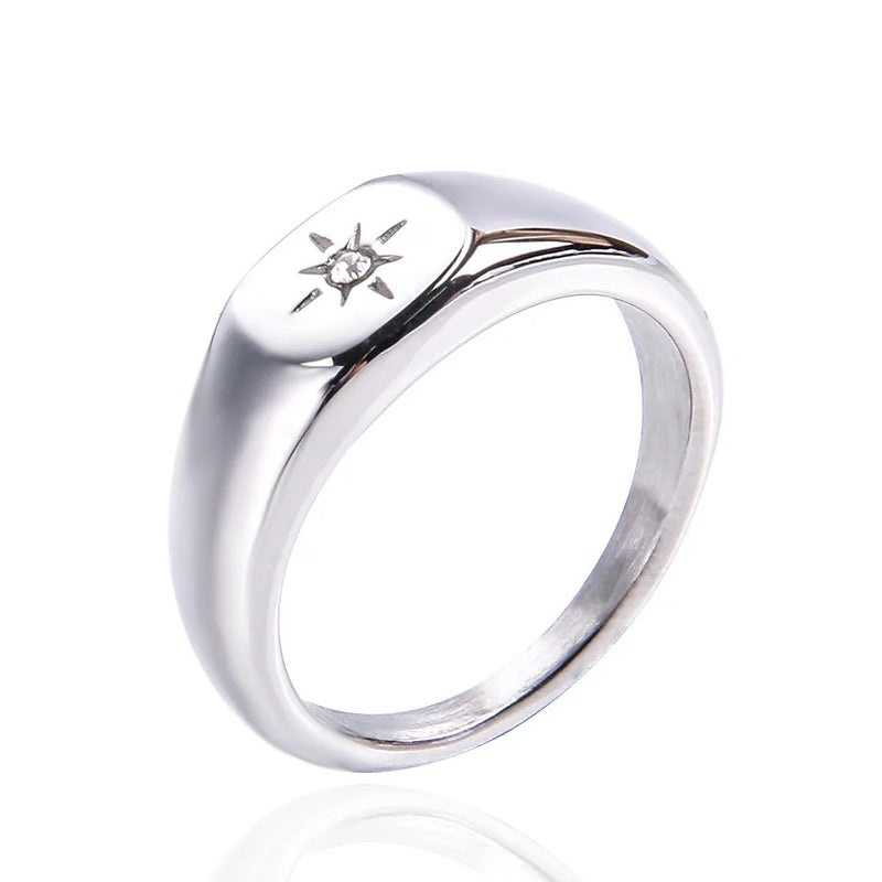 Bluejw 18K Gold Plated Stainless Steel Ladies' Ring – Minimalist Zircon Inlay Engagement Wedding Band, Simple Elegant Fashion Ring for Women - Image 1