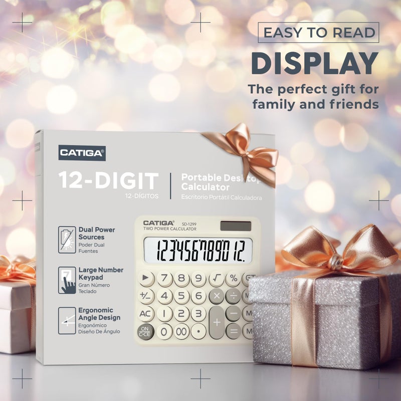 Catiga Mechanical Switch Calculator With Solar And Battery Dual Power  12-Digit Large Lcd Display  Aesthetic And Cute Desktop Calculator With Big Button  For Home  School And Office Use  Sd-1299 - Image 2