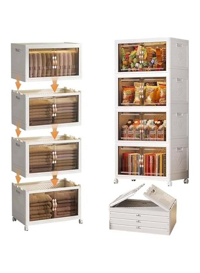 Plastic Storage Bins with Lids, Folding Storage Box with Doors, Collapsible Storage Bins with Wheels, Stackable Cabinet Storage Containers for Home Living Room Office Closet (4-Layer)