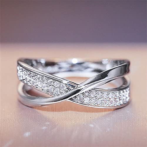 RKKOJJO 925 Sterling Silver Shiny Full Diamond Gemstone Ring Cubic Zirconia Rings Personality X Shape CZ Diamond Multi Row Ring Eternity Engagement Wedding Band Ring for Women (Silver, US Code 10) - Image 2