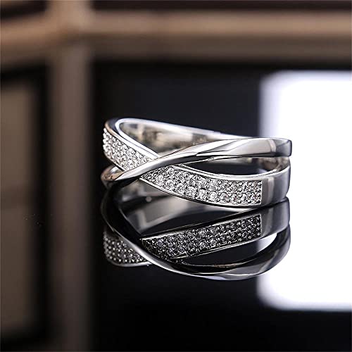 RKKOJJO 925 Sterling Silver Shiny Full Diamond Gemstone Ring Cubic Zirconia Rings Personality X Shape CZ Diamond Multi Row Ring Eternity Engagement Wedding Band Ring for Women (Silver, US Code 10) - Image 5