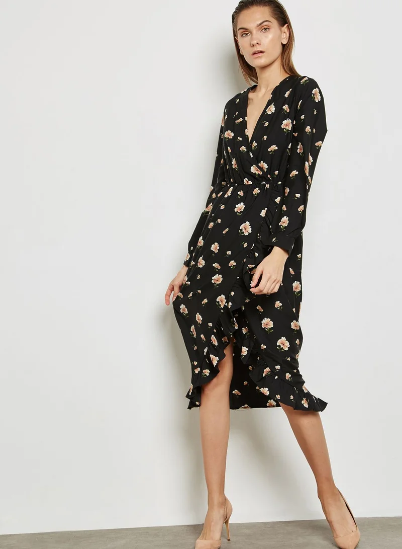 Ginger Floral Print Wrap Front Ruffle Dress