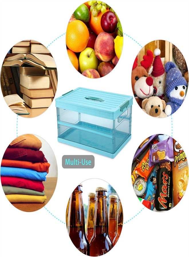 Foldable Plastic Storage Box With Lid, Upgrade Multifunction Transparent Collapsible Storage Bins, Stackable Clear Latch Storage Box with Handle, Blue - Image 1