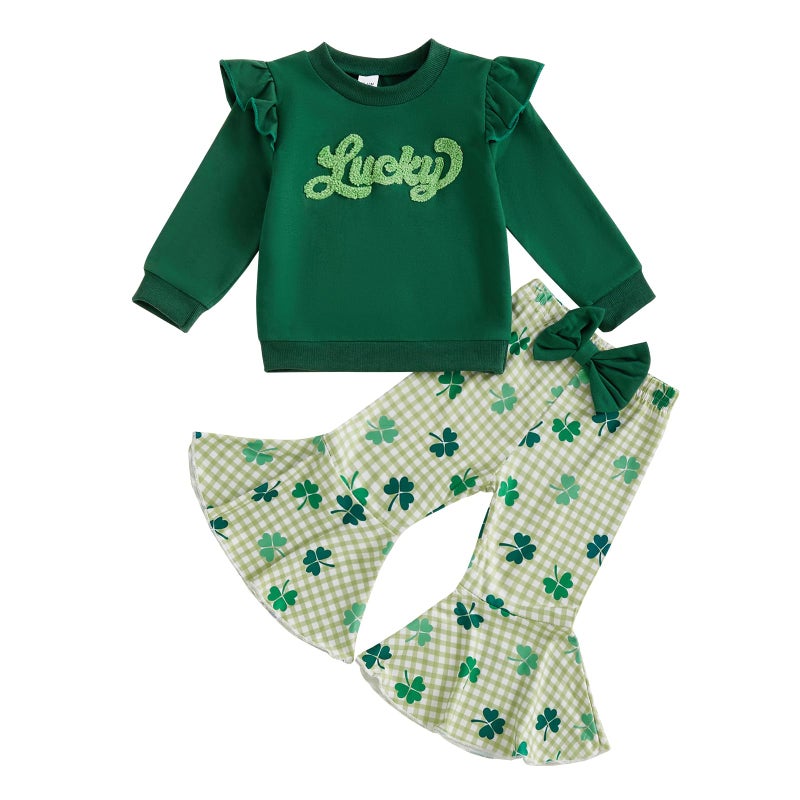 DNOMAID YZARC Toddler Baby Girl St Patricks Day Outfit Letter Clover Long Sleeve Sweatshirt Bell Bottom Pants Irish Clothes Green 3 45T - Image 2
