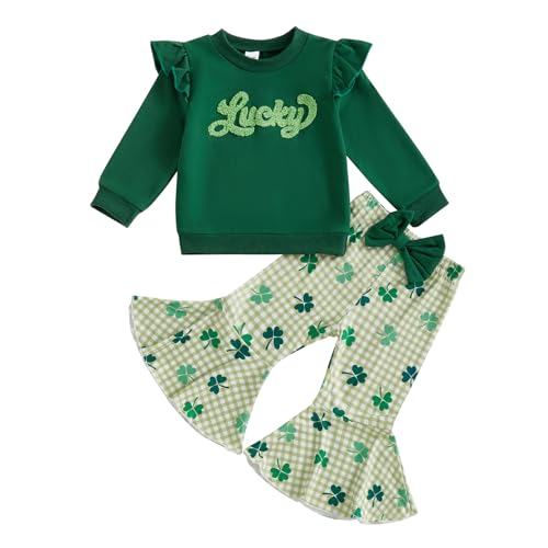 DNOMAID YZARC Toddler Baby Girl St Patricks Day Outfit Letter Clover Long Sleeve Sweatshirt Bell Bottom Pants Irish Clothes Green 3 45T - Image 1