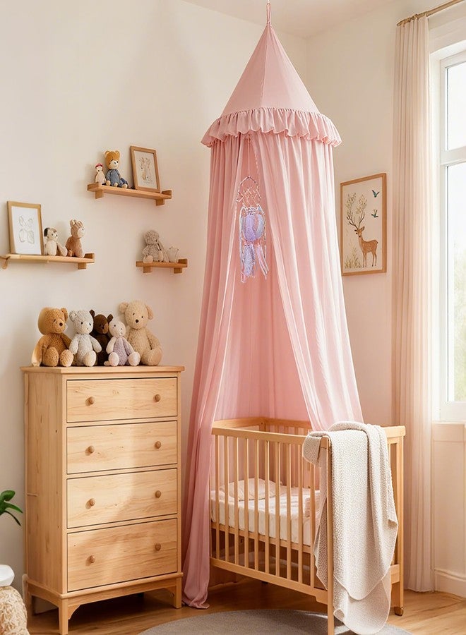 Akiky Kids Bed Canopy for Crib & Twin Size with Ruffles Dreamcatcher, Princess Girls Nursery Room Decor Toddler Baby Dome Round Hanging Tent Curtains Skirt Over Bed Reading Nook Play Tents Pink - Image 1