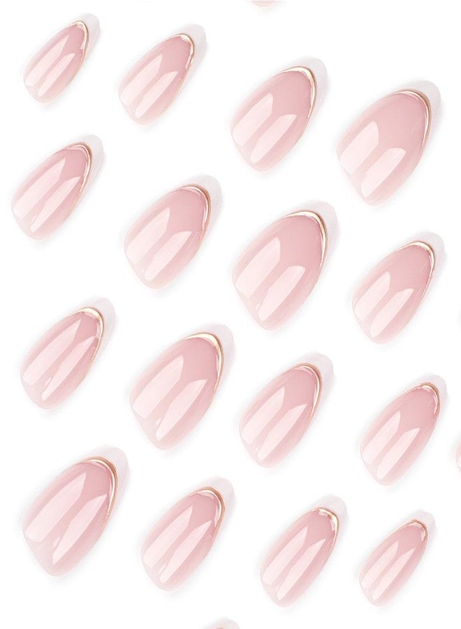 LRKNNO Almond Press on Nails Short White French Tip Fake Nails with Chrome Gold Line Designs Glossy Full Cover Glue on Nails Almond Shape Acrylic Nails French False Nails for Women Girls Manicure 24Pcs - Image 2