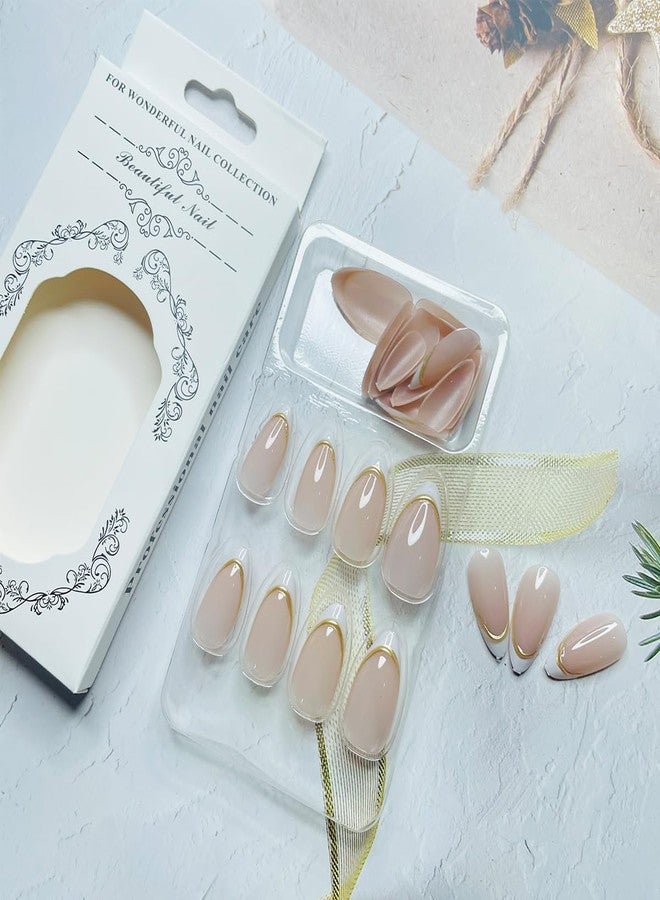 LRKNNO Almond Press on Nails Short White French Tip Fake Nails with Chrome Gold Line Designs Glossy Full Cover Glue on Nails Almond Shape Acrylic Nails French False Nails for Women Girls Manicure 24Pcs - Image 4