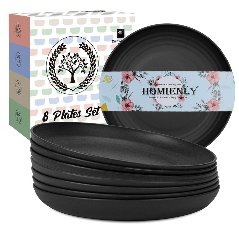 Homienly Wheat Straw Plates Set - 11 inch Reusable Large Dinner Plates Set of 8, Lightweight Unbreakable Salad Plates, Microwave and Dishwasher Safe Plates, Deep Plates for Dinner, Camping - Black - Image 1
