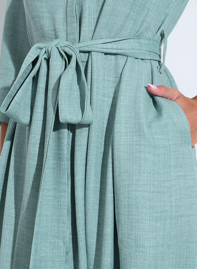 Styli Green Solid Tie-Up Waist 3/4 Sleeves Shirt Maxi Dress - Image 4