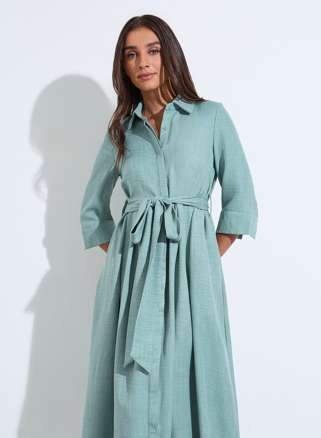 Styli Green Solid Tie-Up Waist 3/4 Sleeves Shirt Maxi Dress - Image 2