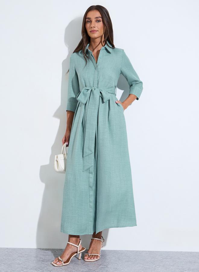 Styli Green Solid Tie-Up Waist 3/4 Sleeves Shirt Maxi Dress - Image 1