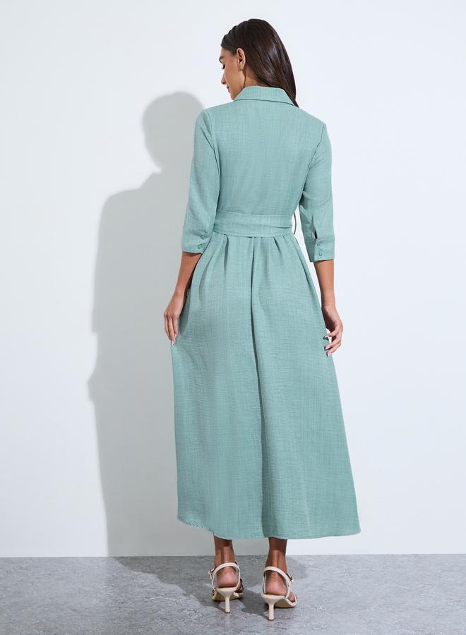 Styli Green Solid Tie-Up Waist 3/4 Sleeves Shirt Maxi Dress - Image 3