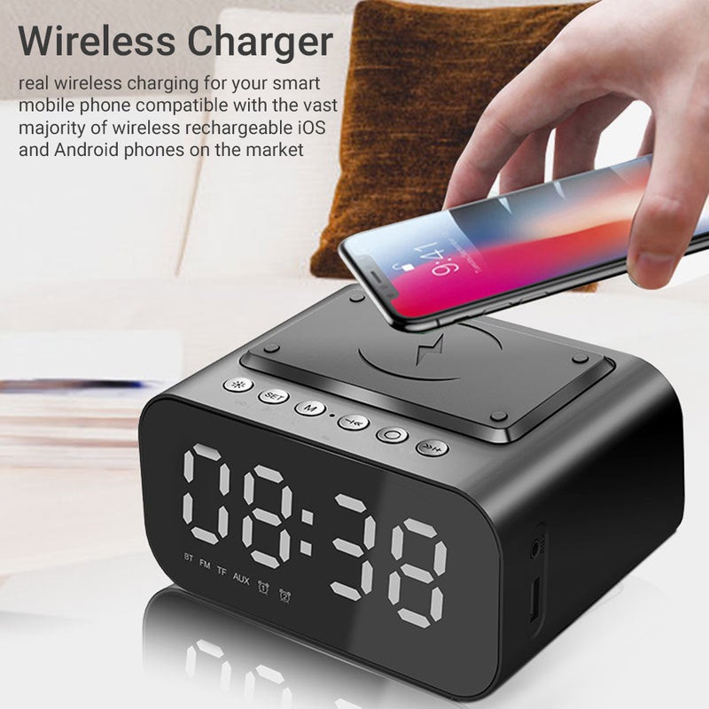 BT Speaker LED Digital Clock Multifunctional Sound Box Wireless Charger Desk Clock FM Radio Wireless Charging Device Alarm Clock for Home Office Dormitory - Image 2