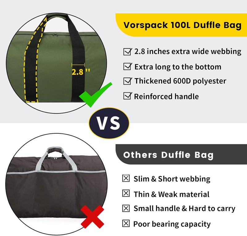 Vorspack Extra Large Duffle Bag for Travel - 100L Duffel Bag for Men Gear Bag for Storage Foldable Weekender Bag for Overnight Camping - Black - Image 2