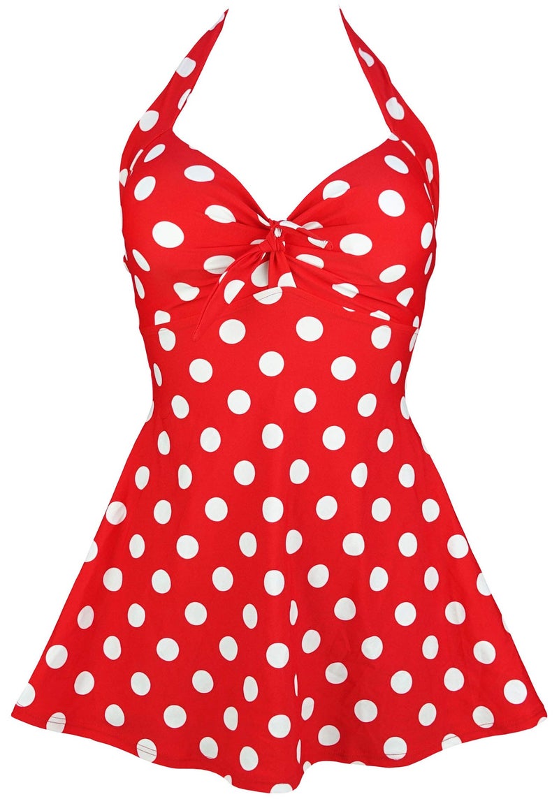 COCOSHIP Red White Big Polka Dots Retro Sailor Pin Up Swimsuit One Piece Skirtini Cover Up Bath Swimdress Swimwear L