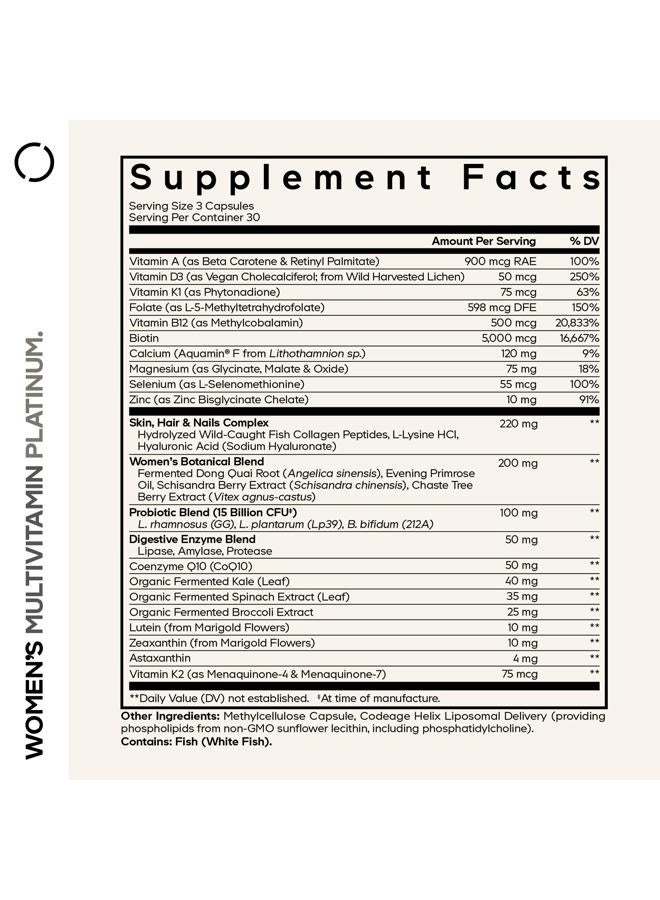 Codeage Women's Multivitamin Platinum - Vitamins A D3 K1 K2 B12 & Minerals, CoQ10, Skin, Hair & Nails Complex, Collagen, Botanicals, Probiotics, Fermented Greens, Lutein, Astaxanthin - 90 Capsules - Image 2